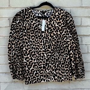NWT JCrew Size M Leopard Print Popover Top w/Ruffle Accent Sleeve 100% Cotton